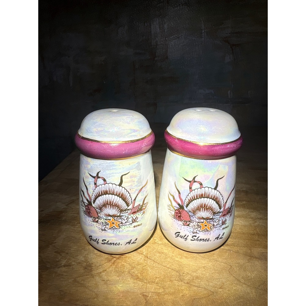 Vintage Gulf Shores AL Iridescent Seashell Salt and Pepper Shakers Oerco Ceramic